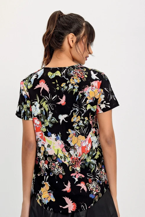 Siyah Kırmızı V Yaka Desenli Bluz BCBSK-25700-H5030