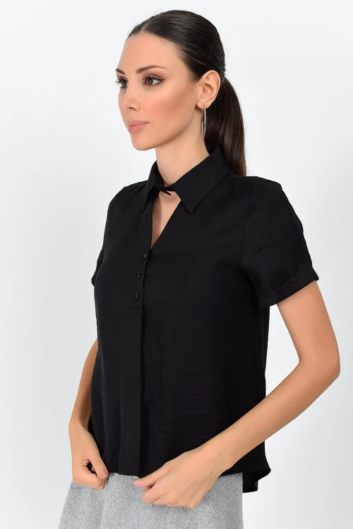 Siyah Önü Pencereli Kısa Kol Bodrum Kumaş Gömlek CO-259362998
