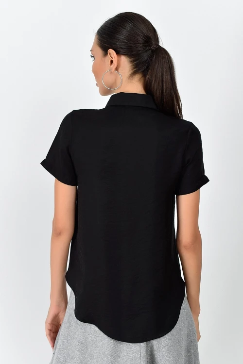 Siyah Önü Pencereli Kısa Kol Bodrum Kumaş Gömlek CO-259362998