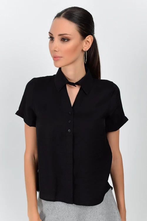 Siyah Önü Pencereli Kısa Kol Bodrum Kumaş Gömlek CO-259362998