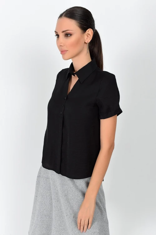 Siyah Önü Pencereli Kısa Kol Bodrum Kumaş Gömlek CO-259362998