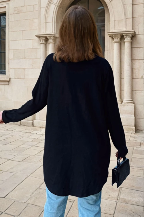 Siyah Şal Yaka Asimetrik Kesim Düğmeli Salaş Hırka BCBSK-25700-3328