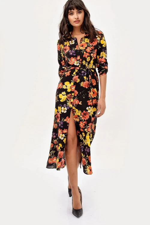 Siyah Sarı Çiçek Desenli Elbise BCBSK-25700-H5022