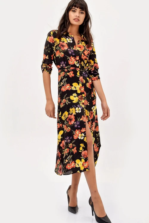 Siyah Sarı Çiçek Desenli Elbise BCBSK-25700-H5022