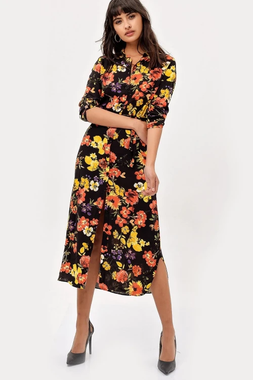 Siyah Sarı Çiçek Desenli Elbise BCBSK-25700-H5022