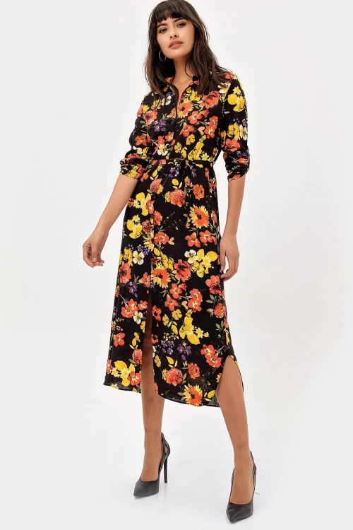 Siyah Sarı Çiçek Desenli Elbise BCBSK-25700-H5022