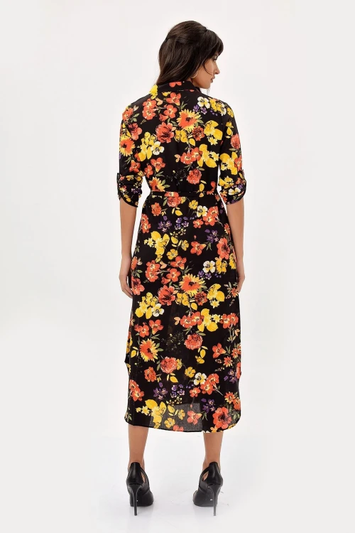 Siyah Sarı Çiçek Desenli Elbise BCBSK-25700-H5022