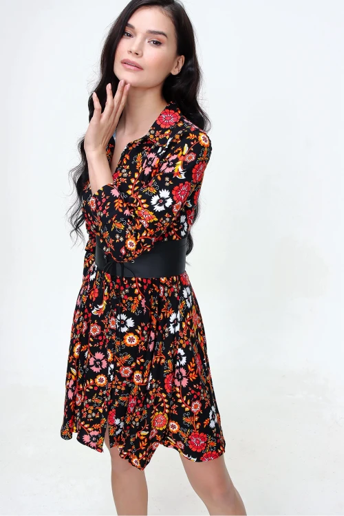 Siyah Sarı Hafif Kumaş Desenli Gömlek Elbise BCBSK-25650-2164-2