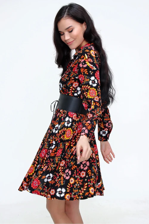 Siyah Sarı Hafif Kumaş Desenli Gömlek Elbise BCBSK-25650-2164-2