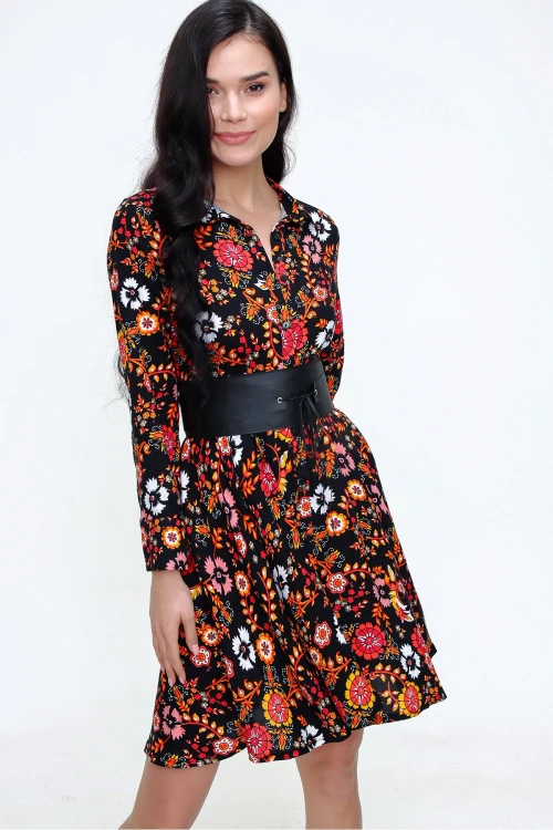 Siyah Sarı Hafif Kumaş Desenli Gömlek Elbise BCBSK-25650-2164-2