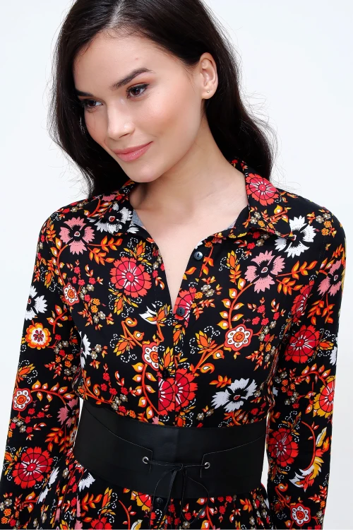 Siyah Sarı Hafif Kumaş Desenli Gömlek Elbise BCBSK-25650-2164-2