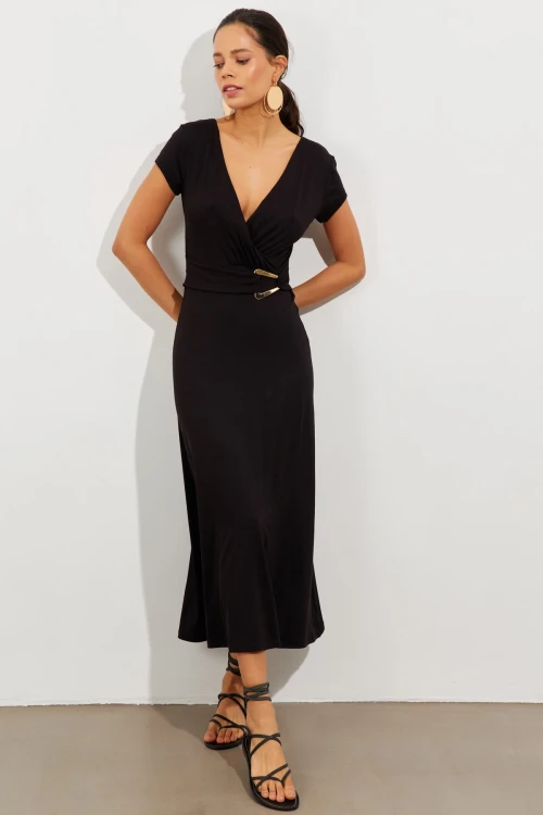 Siyah V Yaka Dekolteli Kısa Kol Elbise BCBSK-25700-K7473