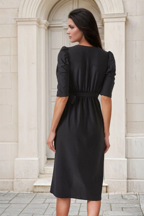 Siyah Yarım Kol Kruvaze Diz Altı Elbise BCBSK-25700-K7401