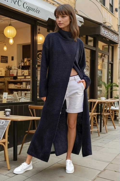 Siyah Yırtmaçlı Salaş Uzun Panço Elbise BCBSK-25700-CCK95007