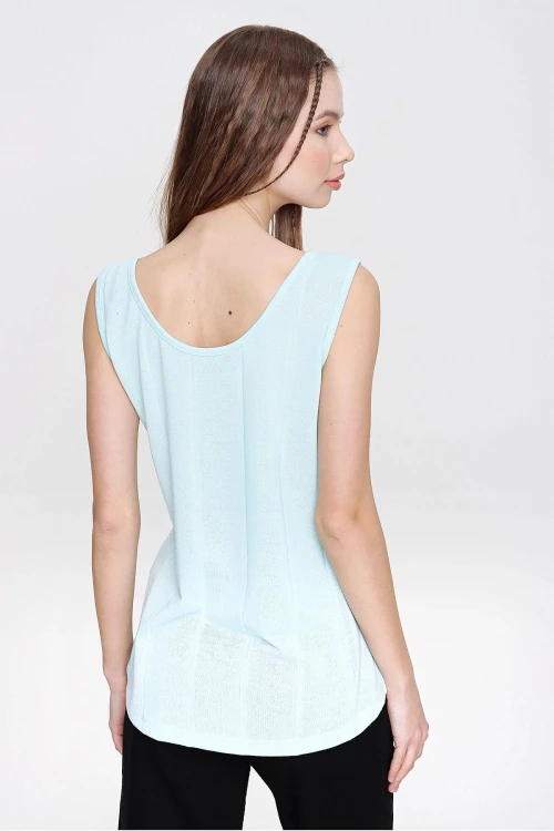 Su Yeşili Askılı Düğmeli İnce Örme Triko Bluz BCBSK-25700-3134