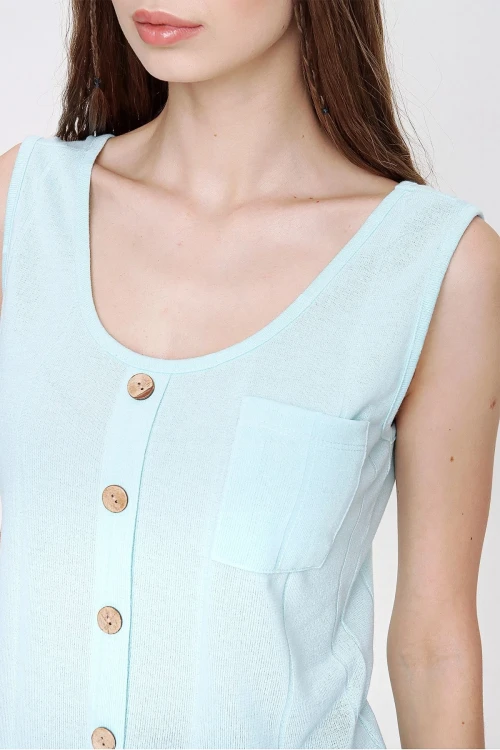 Su Yeşili Askılı Düğmeli İnce Örme Triko Bluz BCBSK-25700-3134