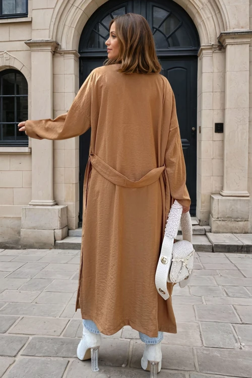 Taba Ceket Yaka Düğmeli Cepli Kendinden Kemerli Salaş İnce Trençkot BCBSK-25700-3335