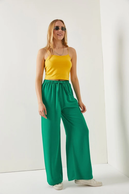 Yeşil Beli Lastikli Palazzo Pantolon BCBSK-25700-K7389