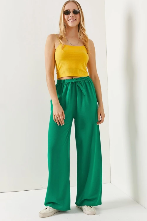 Yeşil Beli Lastikli Palazzo Pantolon BCBSK-25700-K7389