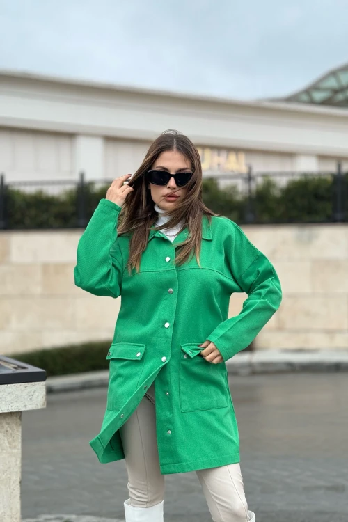 Yeşil Çıt Çıtlı Cepli Uzun Ceket BCBSK-25700-3496
