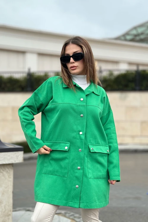 Yeşil Çıt Çıtlı Cepli Uzun Ceket BCBSK-25700-3496