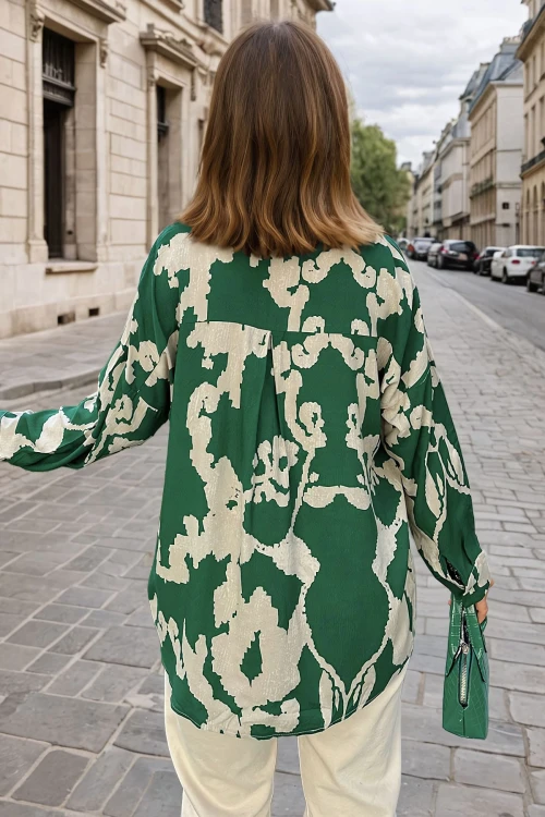 Yeşil Desenli Oversize Uzun Kollu Gömlek BCBSK-25700-3457