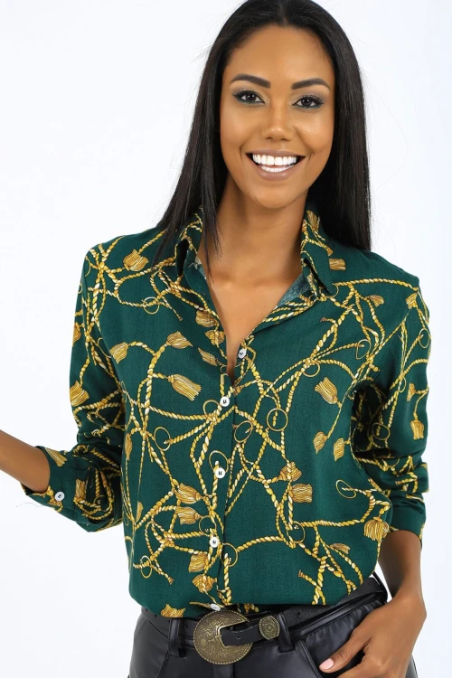 Yeşil Desenli Uzun Kol Gömlek BCBSK-25700-K5918