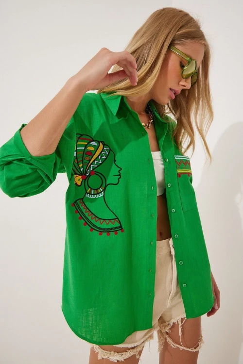 Yeşil Nakış İşlemeli Yazlık Dokuma Gömlek BCBSK-25700-K7214