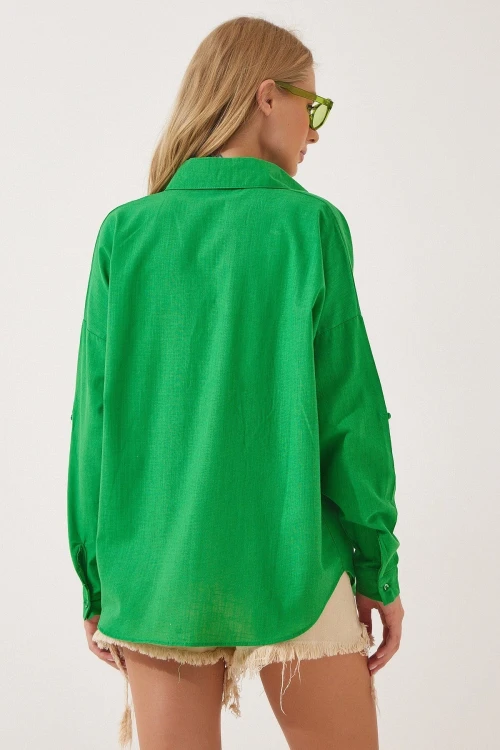 Yeşil Nakış İşlemeli Yazlık Dokuma Gömlek BCBSK-25700-K7214