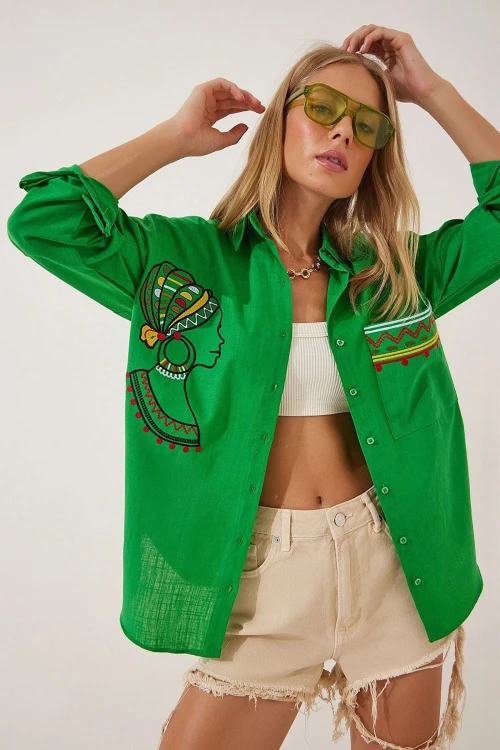 Yeşil Nakış İşlemeli Yazlık Dokuma Gömlek BCBSK-25700-K7214