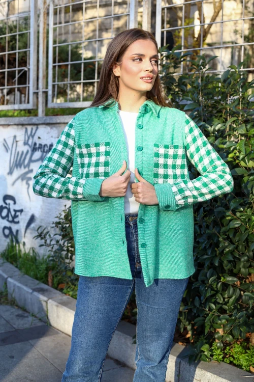 Yeşil Uzun Kollu Oversize Kolu Desenli Gömlek BCBSK-25700-3534