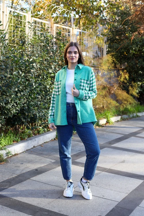 Yeşil Uzun Kollu Oversize Kolu Desenli Gömlek BCBSK-25700-3534