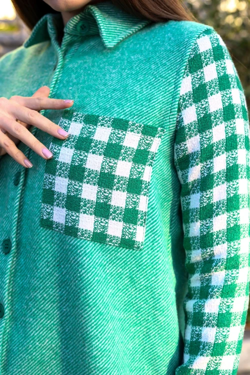 Yeşil Uzun Kollu Oversize Kolu Desenli Gömlek BCBSK-25700-3534