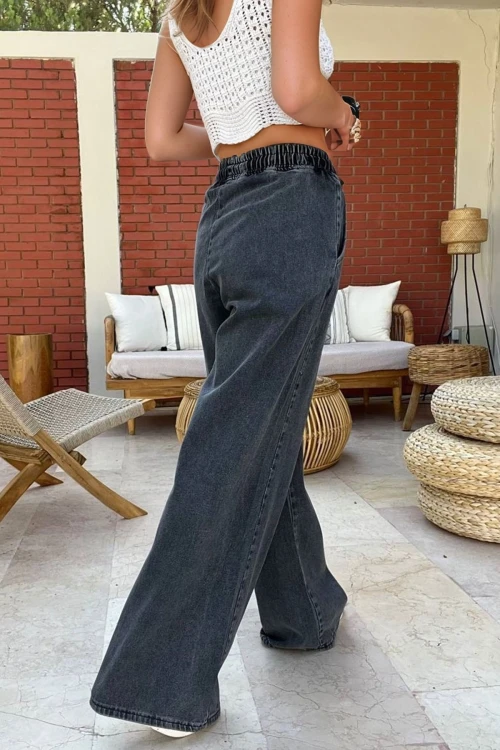 Antrasit Beli Lastikli Bol Paça Cepli Yıkamalı Kot Pantolon BCBSK-25700-KT-0088