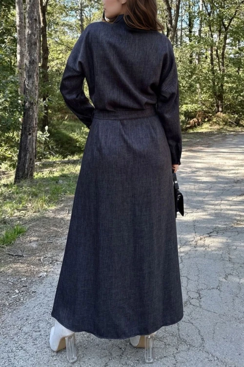 Antrasit Kendinden Dokulu Cepli Metal Düğmeli Kemerli Uzun Gömlek Elbise  BCBSK-25700-3276