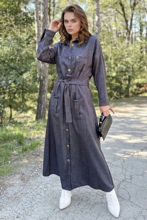 Antrasit Kendinden Dokulu Cepli Metal Düğmeli Kemerli Uzun Gömlek Elbise  BCBSK-25700-3276