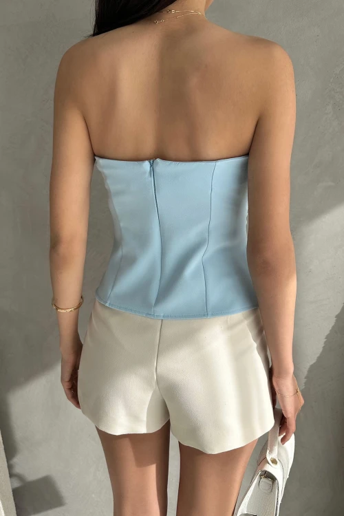 Bebe Mavi Straplez Fitted İnce Süs Kemer Detaylı Dokuma Bluz 