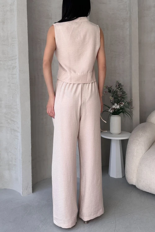 Bej Aerobin Keten Hakim Yaka Aksesuarlı Bluz Ve Pantolon Alt Üst Takım BCDF-25S1008