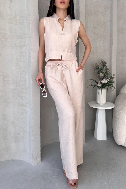 Bej Aerobin Keten Hakim Yaka Aksesuarlı Bluz Ve Pantolon Alt Üst Takım BCDF-25S1008