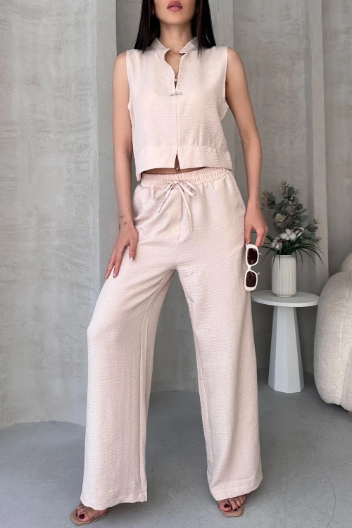 Bej Aerobin Keten Hakim Yaka Aksesuarlı Bluz Ve Pantolon Alt Üst Takım BCDF-25S1008