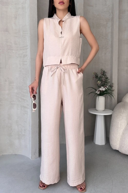 Bej Aerobin Keten Hakim Yaka Aksesuarlı Bluz Ve Pantolon Alt Üst Takım BCDF-25S1008