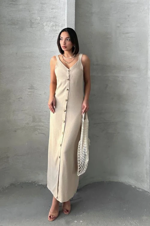 Bej Askılı Yırtmaç Detaylı Maxi Boy Dokuma Gömlek Elbise BCHN-25255044