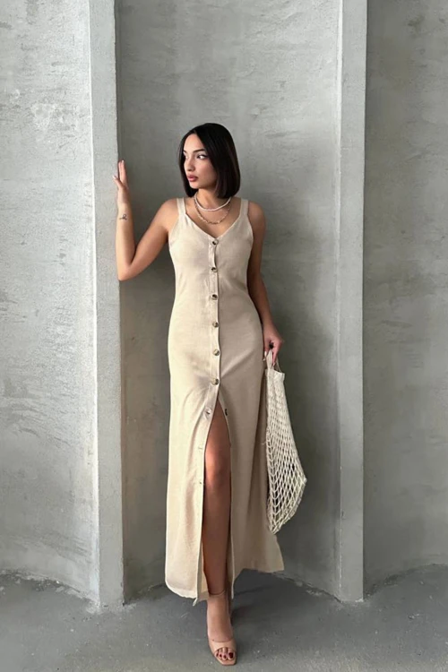 Bej Askılı Yırtmaç Detaylı Maxi Boy Dokuma Gömlek Elbise BCHN-25255044