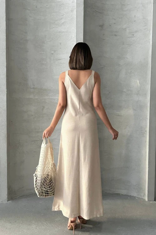 Bej Askılı Yırtmaç Detaylı Maxi Boy Dokuma Gömlek Elbise BCHN-25255044