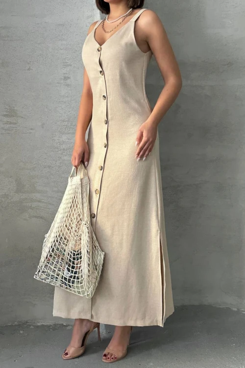 Bej Askılı Yırtmaç Detaylı Maxi Boy Dokuma Gömlek Elbise BCHN-25255044
