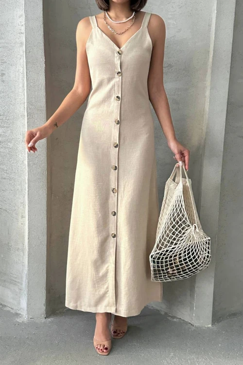 Bej Askılı Yırtmaç Detaylı Maxi Boy Dokuma Gömlek Elbise BCHN-25255044