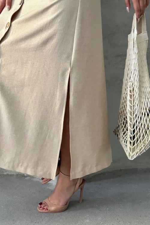 Bej Askılı Yırtmaç Detaylı Maxi Boy Dokuma Gömlek Elbise BCHN-25255044