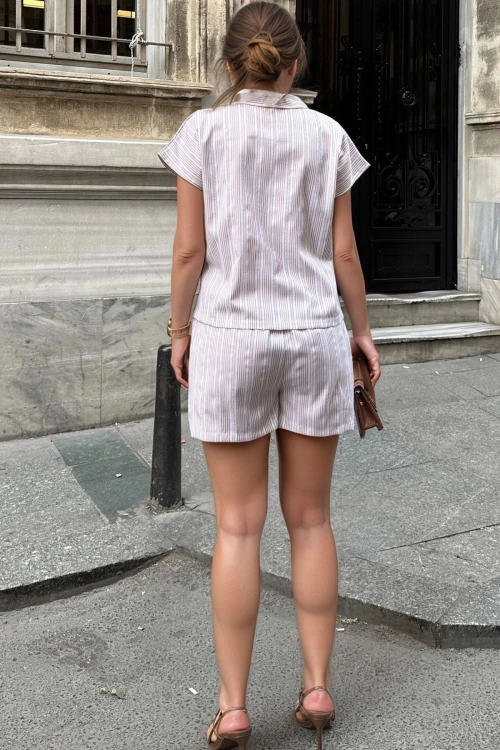 Bej Ceket Yaka Çizgili Cepli Beli Lastikli Gömlek Şort Takım BCBSK-25700-3625