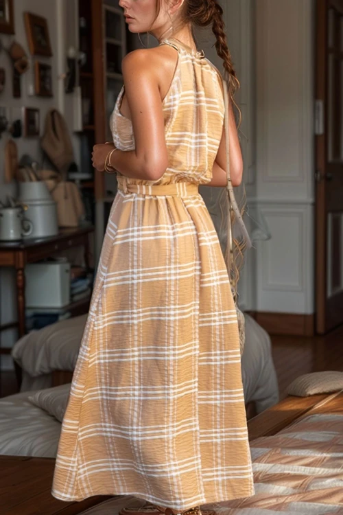 Bej Halter Yaka Kendinden Kemerli Uzun Elbise BCBSK-25700-2896