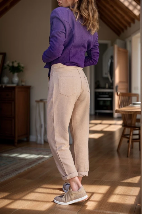 Bej Kendinden Desenli Kaşe Yüksek Bel Cepli Piliseli Pantolon BCBSK-25700-3448